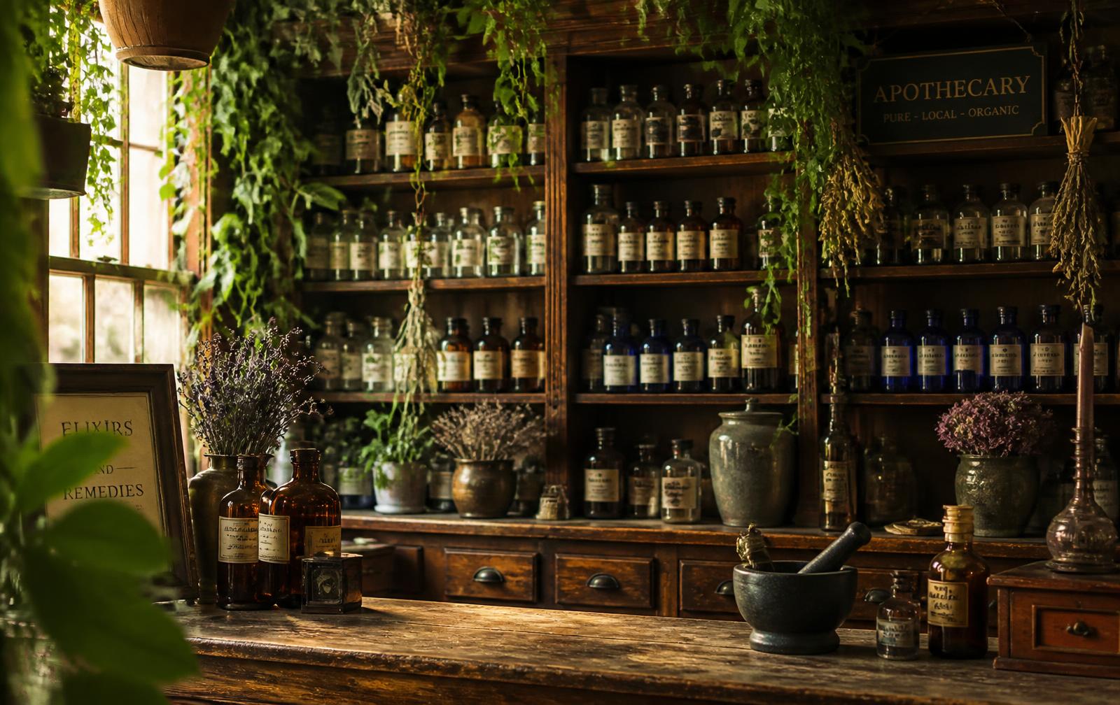 Wooden apothecary storefront with hanging plants and vines above shelves of amber and cobalt elixir bottles