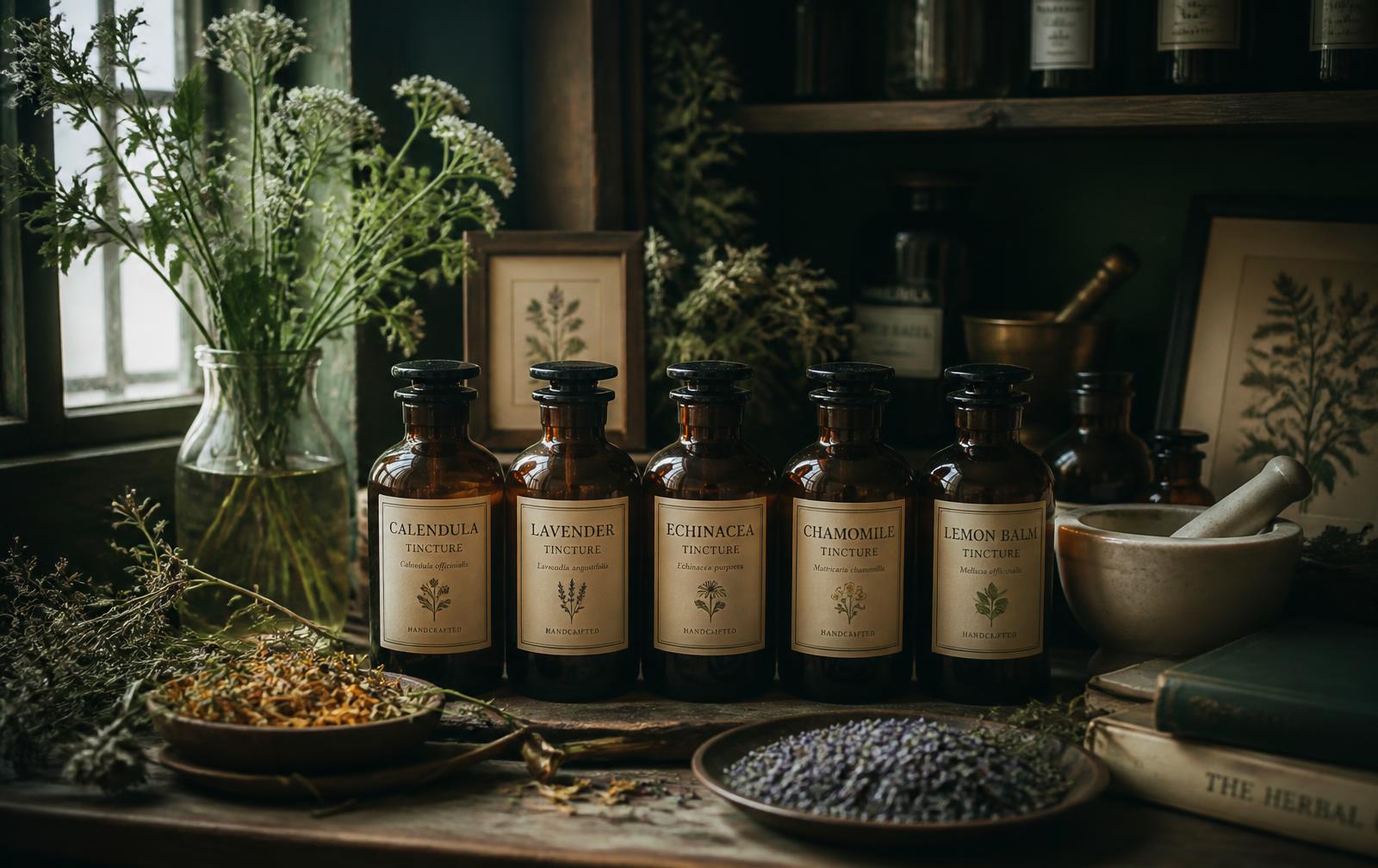 Amber apothecary bottles, dried herbs and a mortar and pestle on a wooden shelf